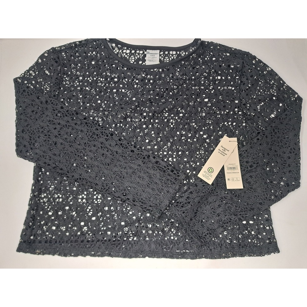 No Boundaries Black Open Knit Crochet Long Sleeve Cover up Top Size S 4-6 NEW